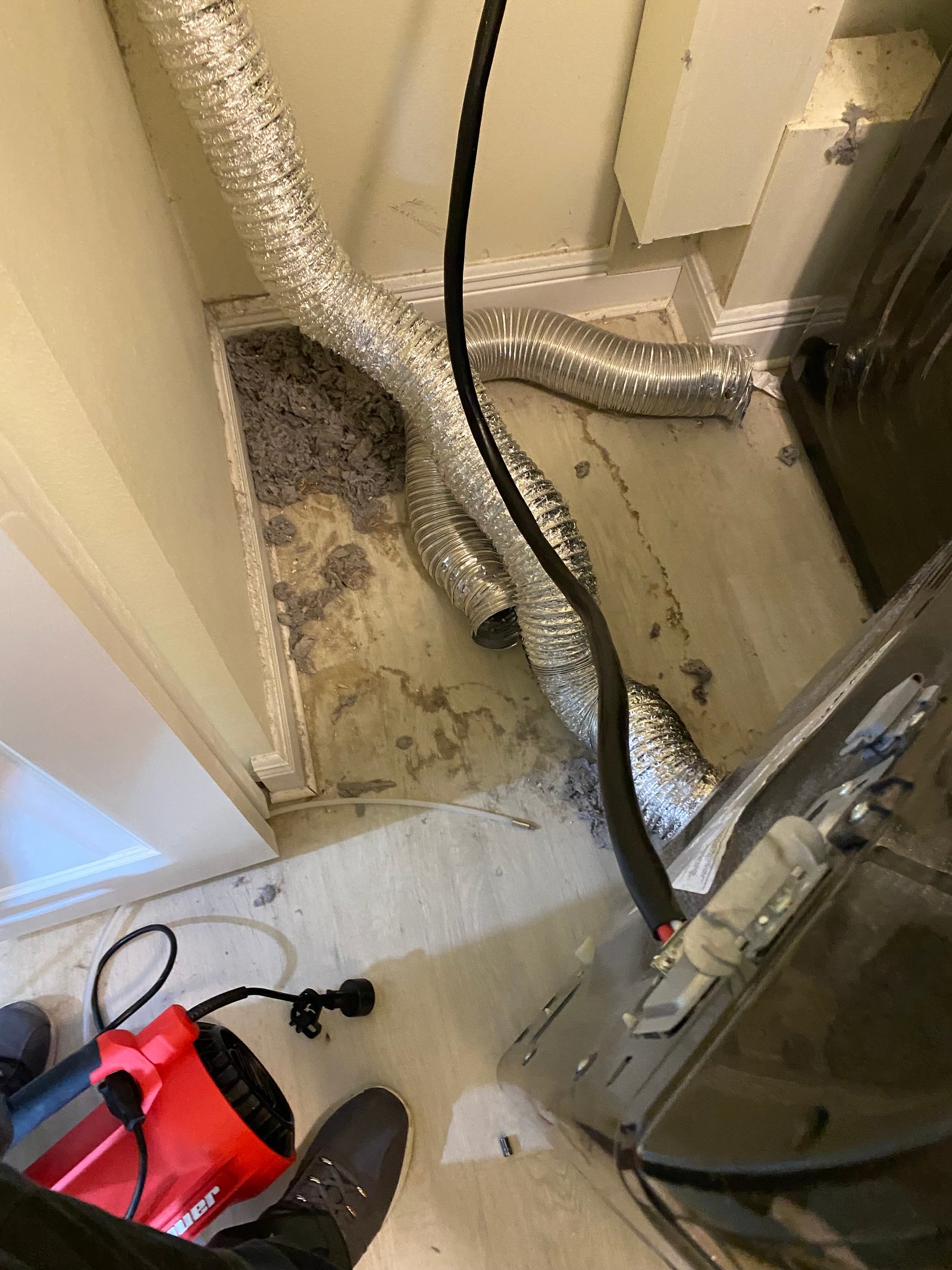 Lint buildup behind dryer during cleaning
